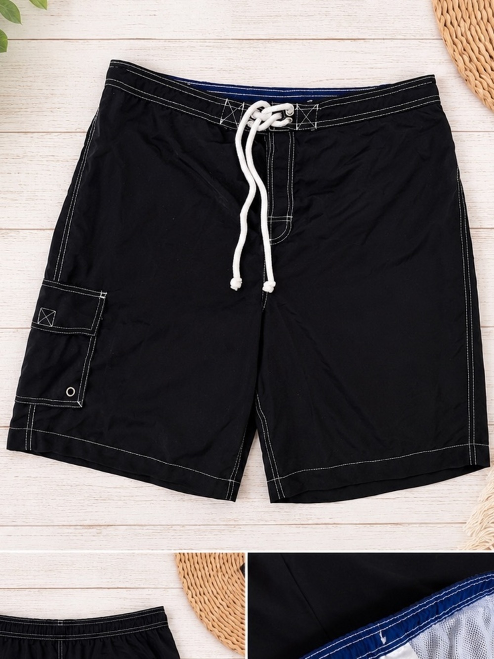 Vintage Merona Men’s Black Swim Trunks Board Shorts with White Drawstring Large